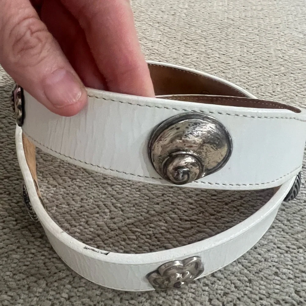 Vintage Brighton White Leather sea shell Belt with Silver Accents